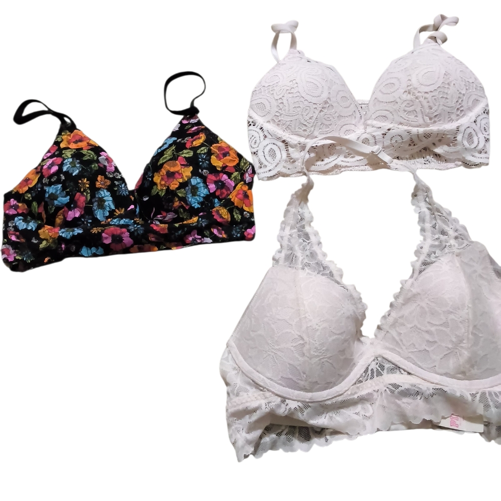 PINK Victoria's Secret Lace & Floral Bralette Trio - White & Multi